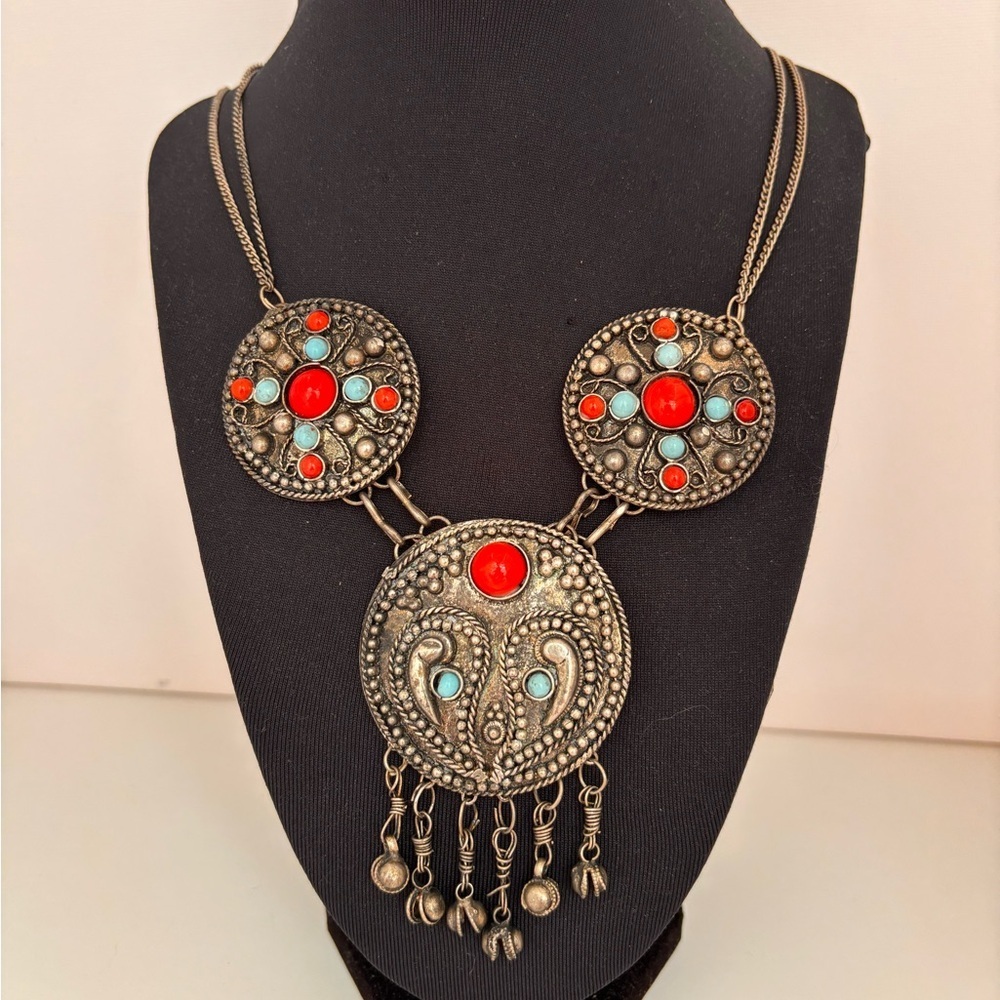 Vintage Tibetan Red Coral and Turquoise Medallion Necklace
